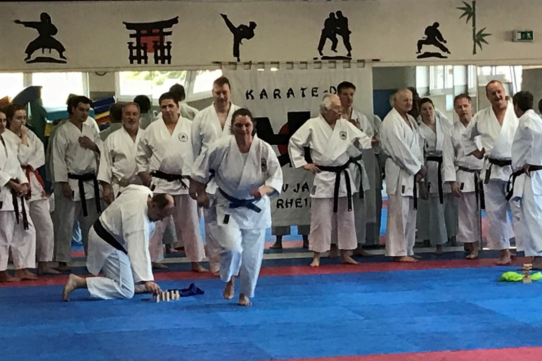 Gruppentraining im Karate mit mehreren Teilnehmern in wei&szlig;en Judogis auf einer blauen Matte in einem Trainingsraum.