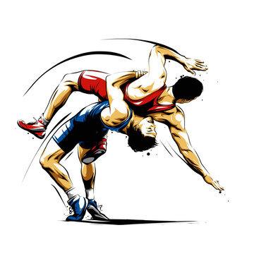 Zwei Ringer in einem dynamischen Kampf, einer hebt den anderen über den Kopf auf einem weißen Hintergrund.