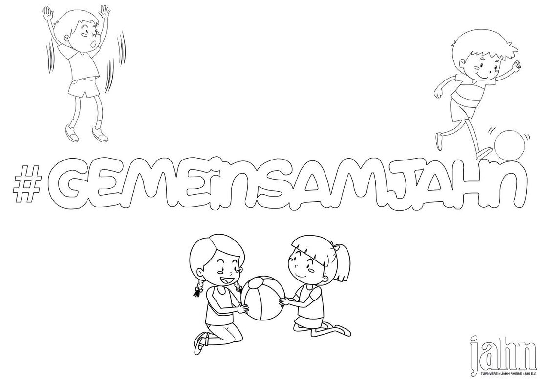 Illustration mit dem Text "#GEMEINSAMJAHN" und Kindern, die miteinander spielen, sowie einem Jungen, der einen Ball kickt.