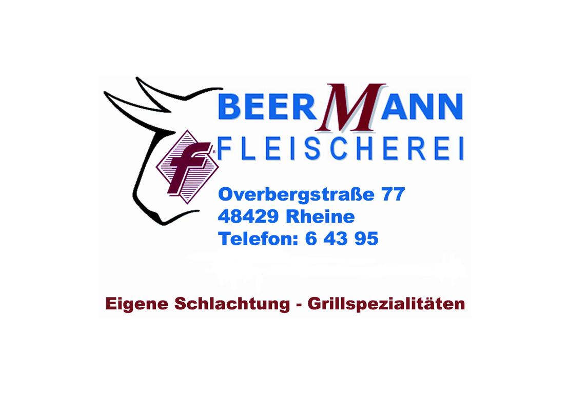 Logo der Fleischerei Beermann mit Adresse, Telefonnummer und dem Hinweis auf eigene Schlachtung sowie Grillspezialit&auml;ten.