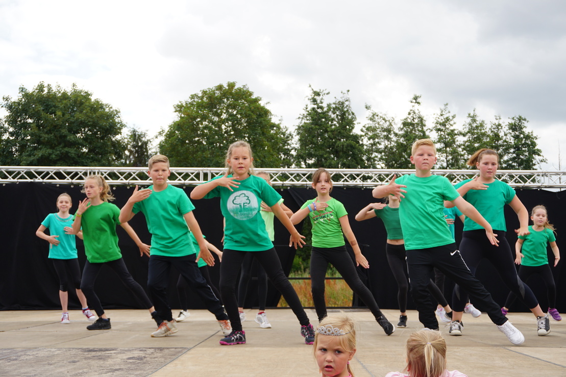 Tanzgruppe in gr&uuml;nen T-Shirts f&uuml;hrt eine Choreografie auf einer Freiluftb&uuml;hne vor.