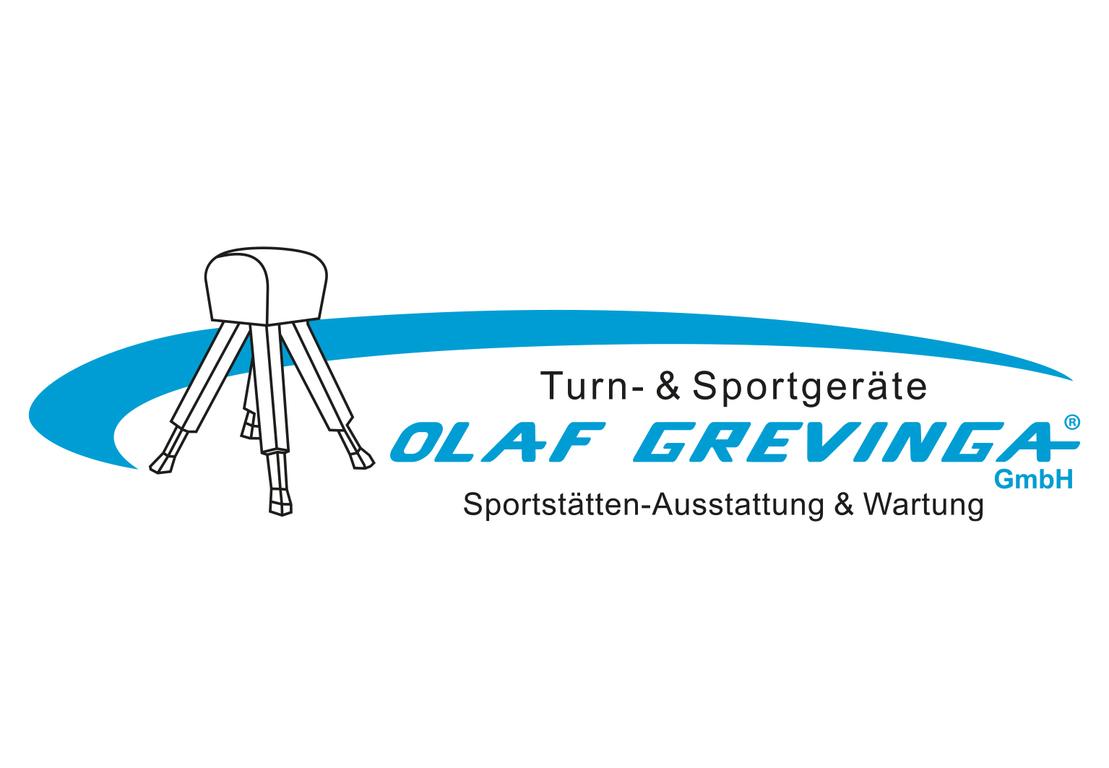 Logo der Firma Olaf Grevinga GmbH f&uuml;r Turn- und Sportger&auml;te mit dem Schriftzug und stylisierten Sportger&auml;ten.