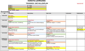 Tabelle mit Trainings- und Hallenplan f&uuml;r einen Karate-Lehrgang am Donnerstag, inklusive Zeit und &Uuml;bungen.
