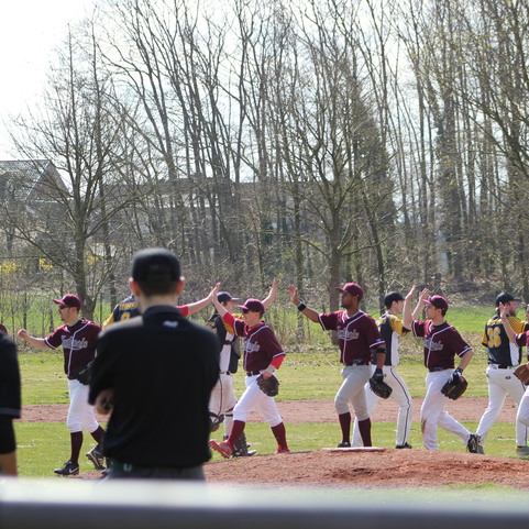 Baseball-Spieler in Uniformen jubilieren nach einem Game, im Hintergrund B&auml;ume und Zuschauer auf dem Spielfeld.