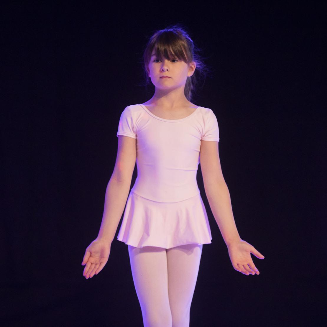M&auml;dchen in rosa Ballettkost&uuml;m steht mit ausgebreiteten Armen im Mittelpunkt auf einer B&uuml;hne, umgeben von anderen T&auml;nzerinnen.