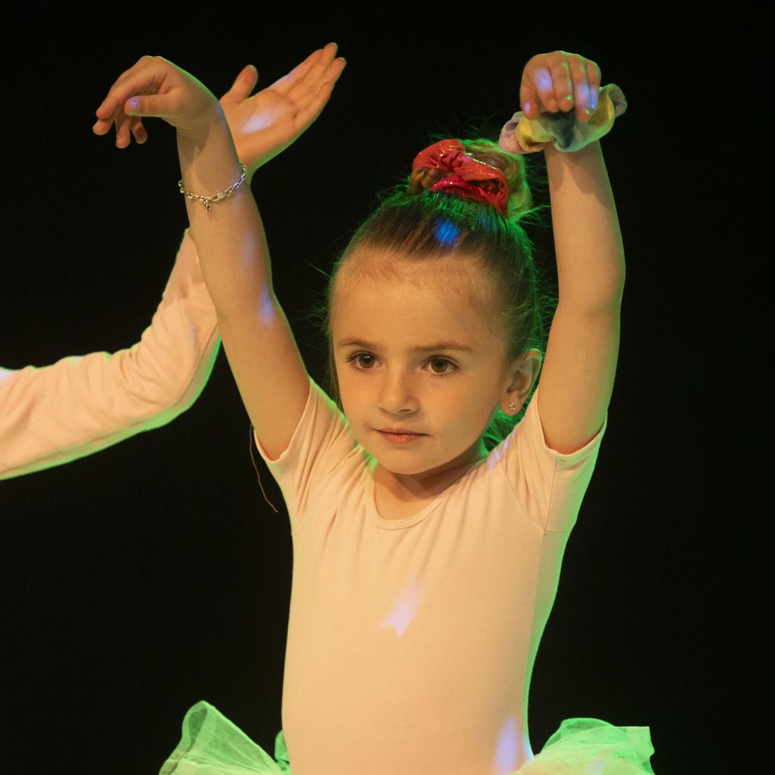 M&auml;dchen in Ballettkost&uuml;m mit erhobenen Armen steht im B&uuml;hnenlicht, hinter ihr eine weitere T&auml;nzerin.