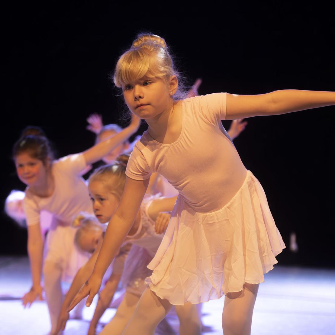 M&auml;dchen in Ballettkleidung f&uuml;hren eine Tanzauff&uuml;hrung auf einer beleuchteten B&uuml;hne auf.