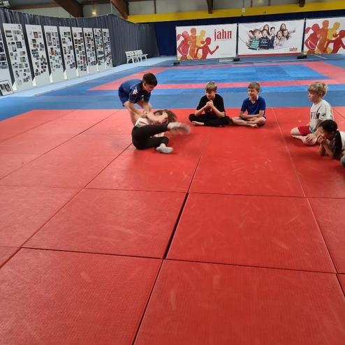 Kinder trainieren im Sportunterricht auf einer roten Matte, w&auml;hrend andere ihnen zuschauen.