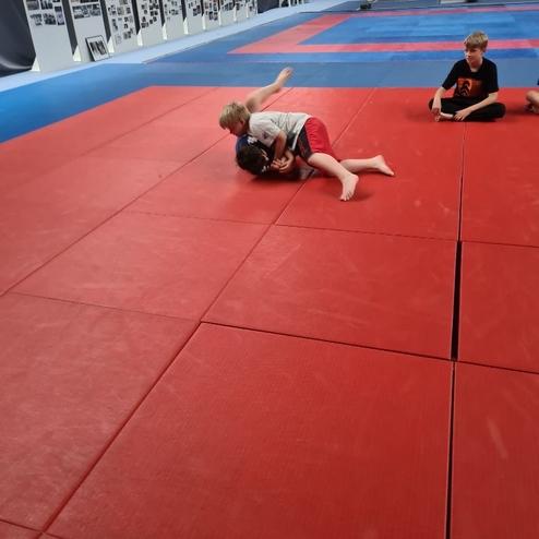 Zwei Kinder f&uuml;hren eine Wrestling-Technik auf einer roten Matte aus, w&auml;hrend ein drittes Kind zuschaut.