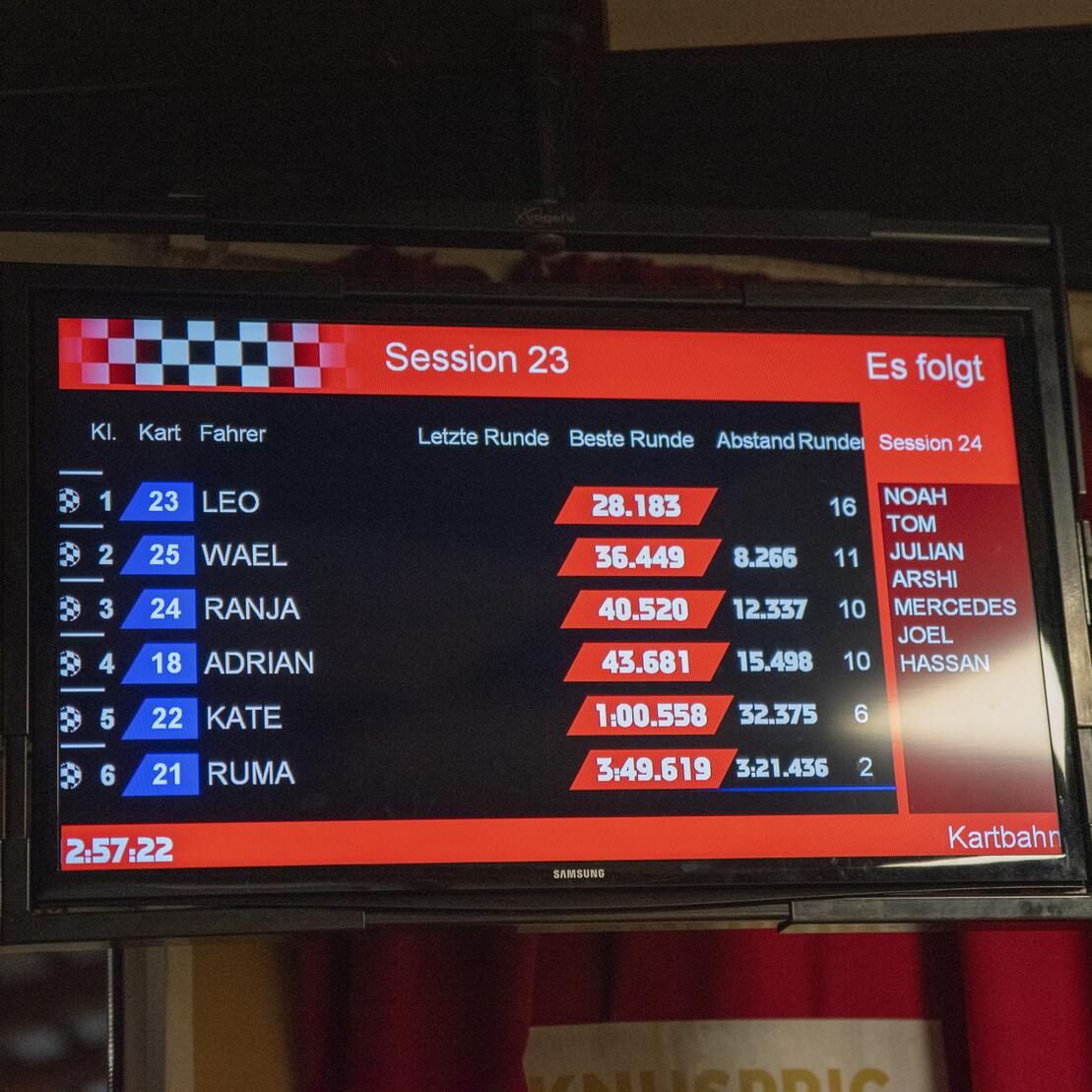 Anzeige eines Zeitnehmertableaus mit Kartfahrern, deren Rundenzeiten und Platzierungen bei einer Rennsession.