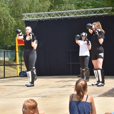 Vier junge K&auml;mpfer f&uuml;hren eine Selbstverteidigungsdemonstration auf einer B&uuml;hne vor einem Publikum durch.