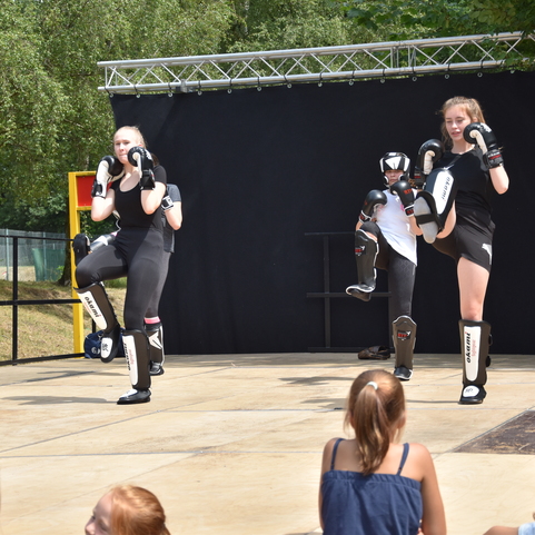 Vier Personen in Sportkleidung zeigen Kampfsport&uuml;bungen auf einer Outdoor-B&uuml;hne vor Zuschauern.