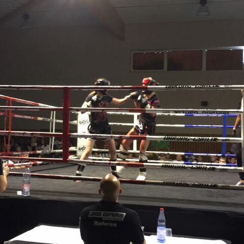 Zwei K&auml;mpfer im Ring in Kampfposition, Zuschauer und Kampfrichter im Hintergrund.