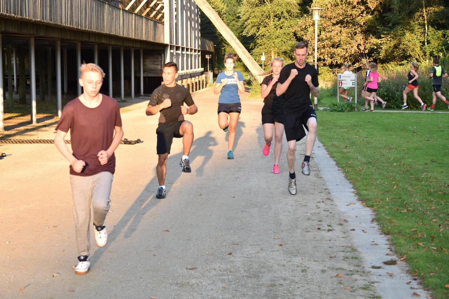 Gruppe von f&uuml;nf Personen joggt auf einem Gehweg, umgeben von B&auml;umen und einem Sportgel&auml;nde.