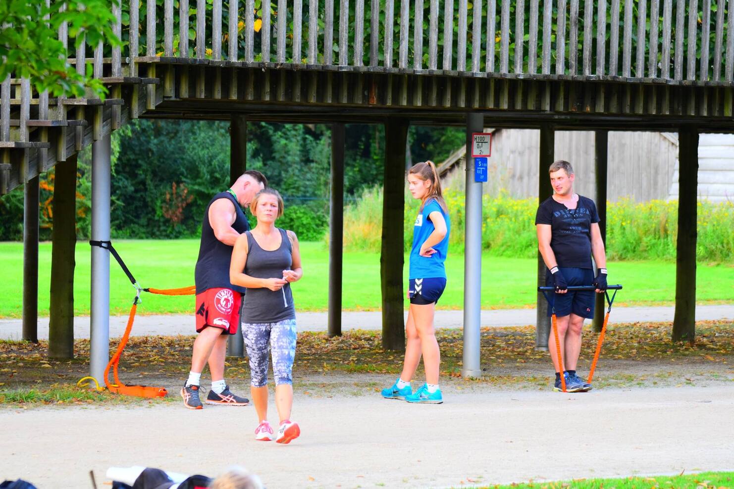 Vier Personen trainieren im Freien mit Fitnessger&auml;ten in einem Park. B&auml;ume und ein Holzbau sind im Hintergrund sichtbar.