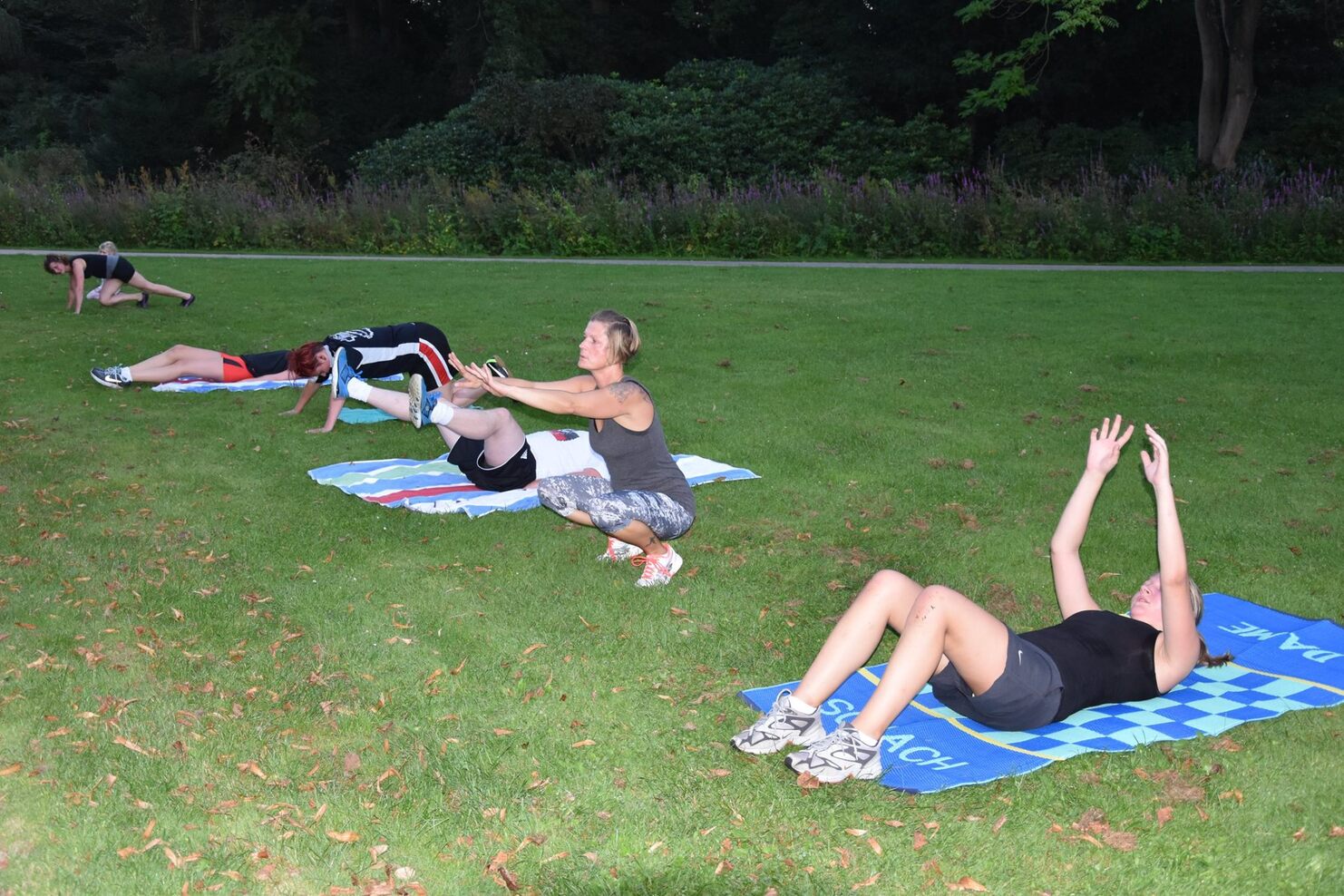 F&uuml;nf Personen &uuml;ben Fitness auf Matten im Freien auf einer Wiese, umgeben von B&auml;umen und Pflanzen.