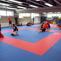 Trainingseinheit in einem Sportraum mit Matten, wo mehrere Personen Kampfsport&uuml;bungen durchf&uuml;hren.