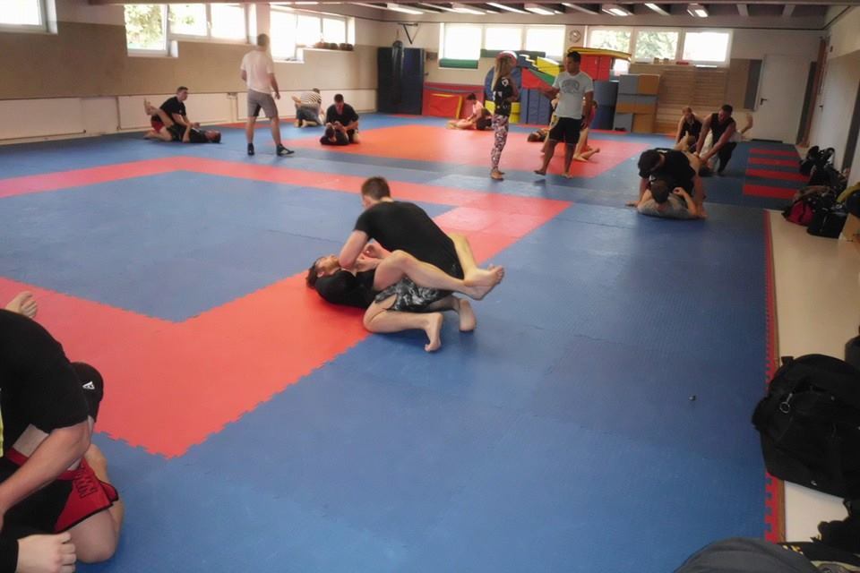 Gruppentraining auf einer blauen und roten Mattenfl&auml;che mit K&auml;mpfern in verschiedenen Positionen.