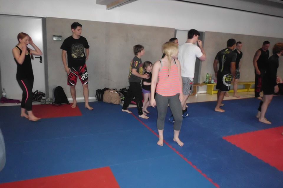 Gruppen von Menschen in Sportbekleidung trainieren in einem Kampfsportraum mit blauen und roten Matten.