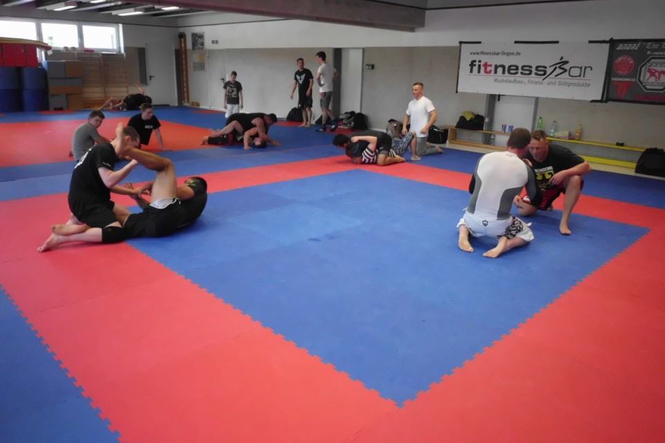 Trainingsszene in einem Kampfsportraum mit Teilnehmern auf blauen und roten Matten, die unterschiedliche Techniken &uuml;ben.
