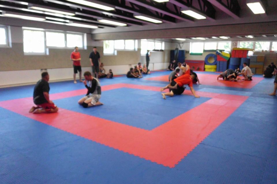 Trainingseinheit in einem Sportraum mit Matten, wo mehrere Personen Kampfsport&uuml;bungen durchf&uuml;hren.