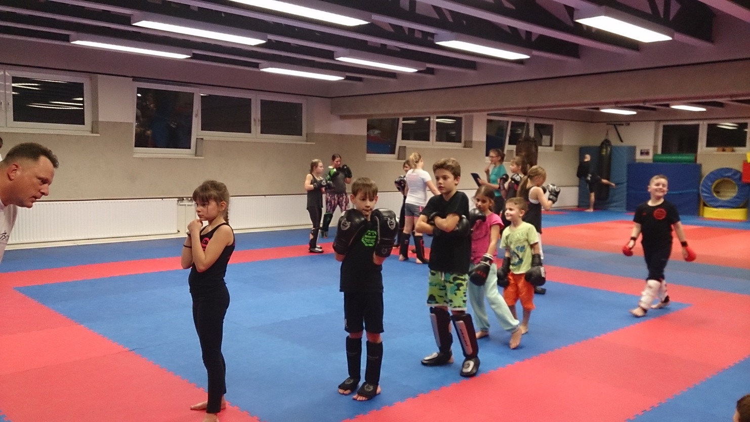 Kinder in Trainingskleidung &uuml;ben in einem Kampfsportstudio auf einer rot-blauen Matte unter Aufsicht eines Trainers.