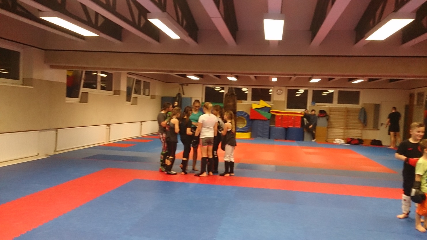 Gruppentraining in einem Kampfsportraum mit Matten in Blau und Rot, Kinder und Jugendliche im intensiven Austausch.