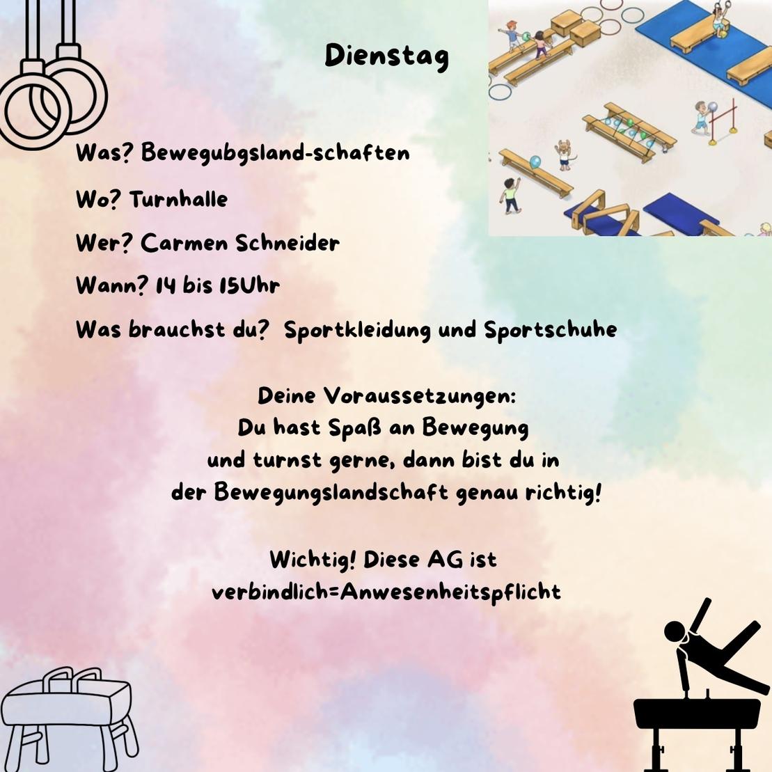 Informationen zu einer Bewegungsgruppe: Termine, Anforderungen und Ansprechpartnerin in einer Turnhalle.