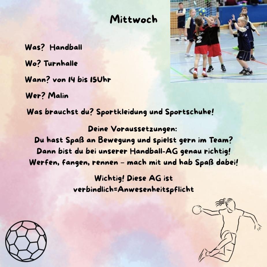 Ein Infoblatt zur Handball-AG mit Details zu Zeit, Ort, Voraussetzungen und Anforderungen, um Teilnahme zu f&ouml;rdern.