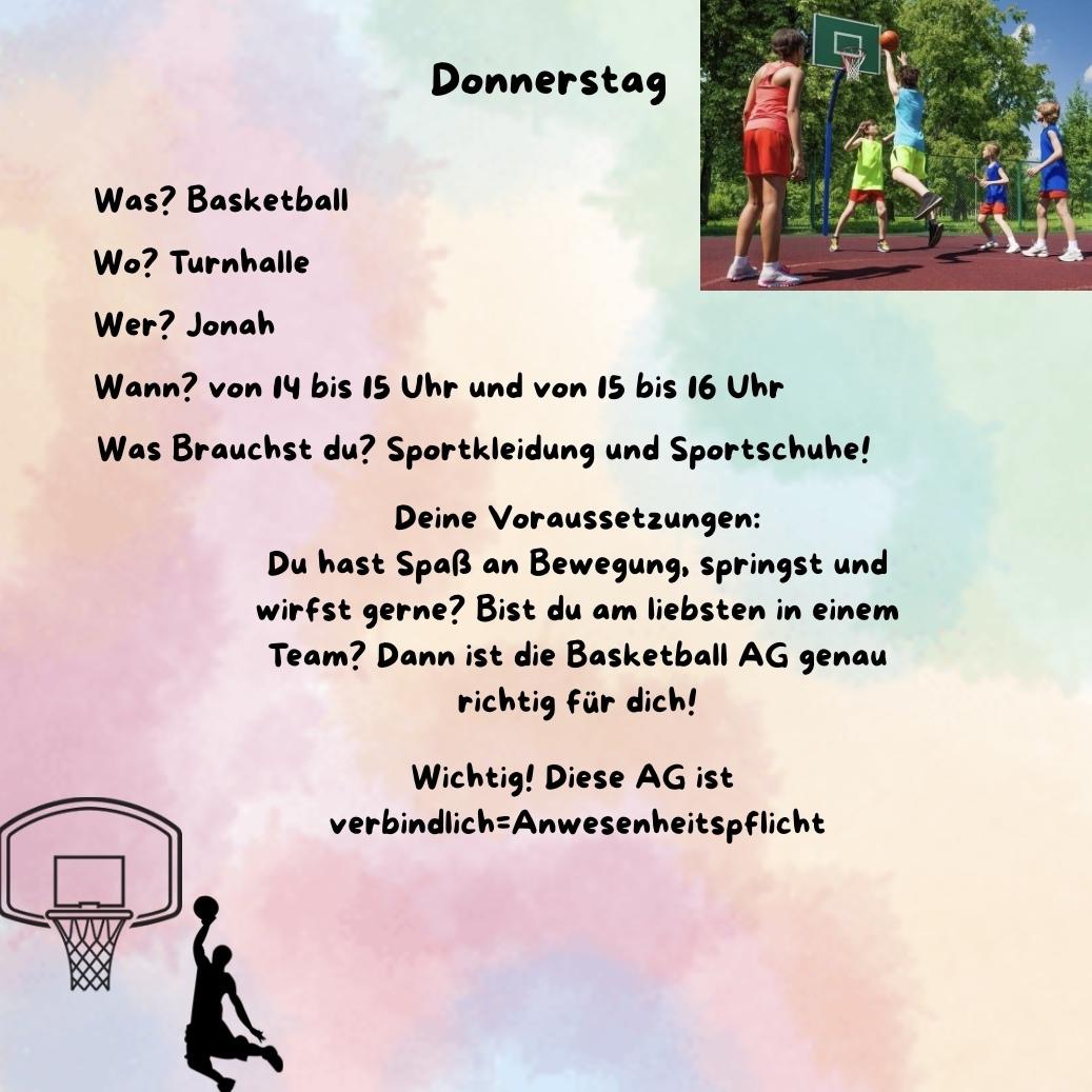 Ein Flyer zu einer Basketball-AG mit Informationen zu Zeitpunkt, Ort und Anforderungen, um Teilnahme zu erm&ouml;glichen.