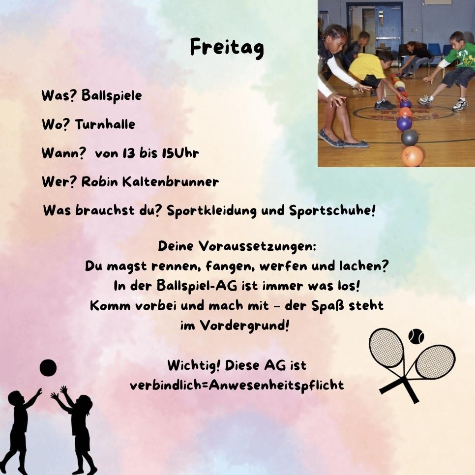 Ein Informationsblatt zu einer Ballspiel-AG in der Turnhalle mit Details zu Zeit, Ort und Voraussetzungen.
