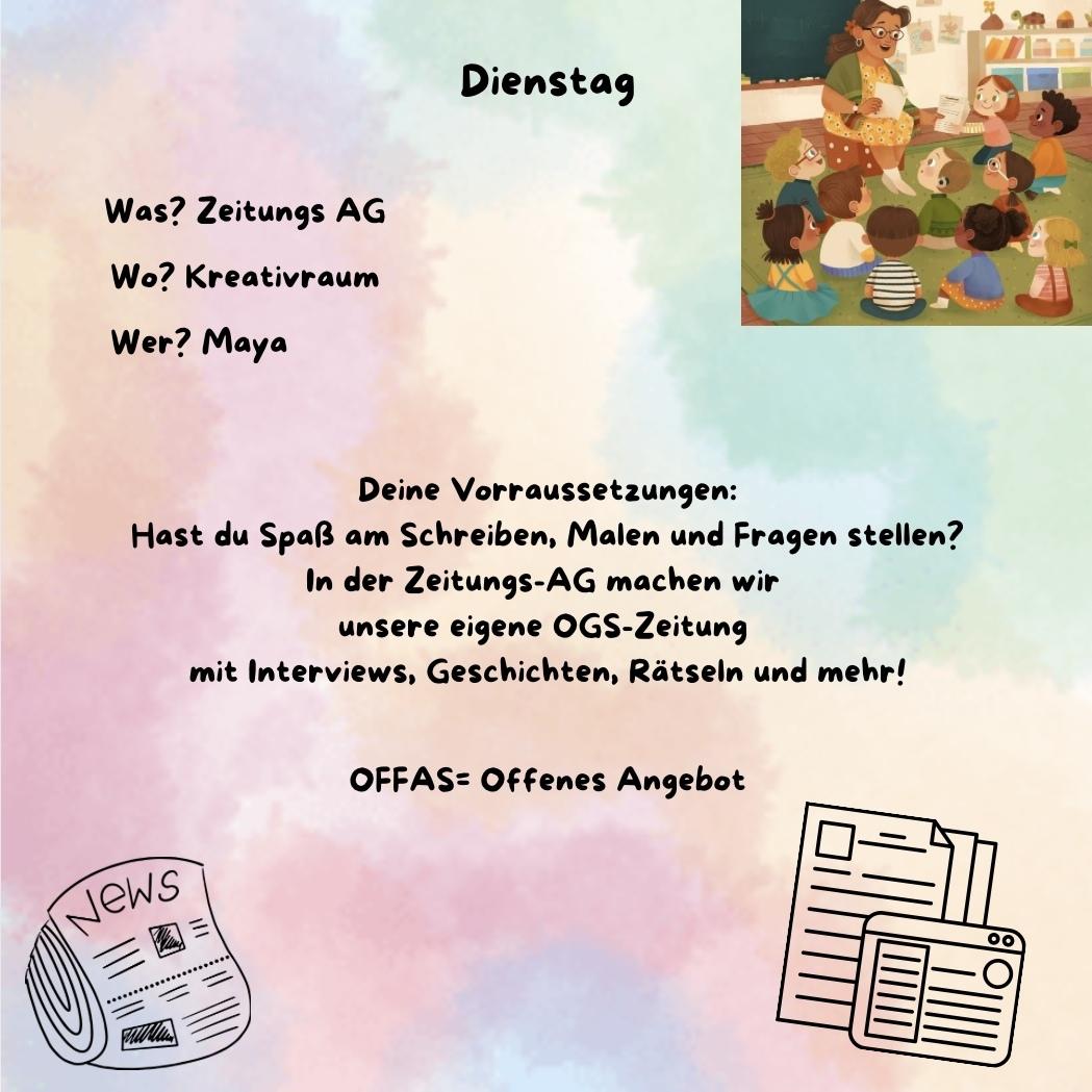 Textgrafik zu einer Zeitungs-AG-Veranstaltung mit Informationen zu Teilnahme, Voraussetzungen und Bild einer Lehrerin mit Kindern.