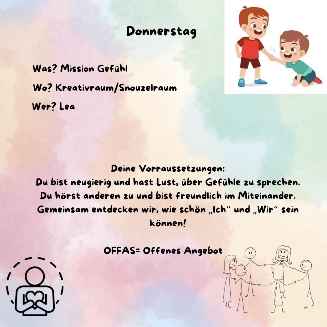 Flyer f&uuml;r ein Kreativangebot mit dem Titel "Mission Gef&uuml;hl" und kindlichen Illustrationen, Informationen zu Voraussetzungen und Ort.