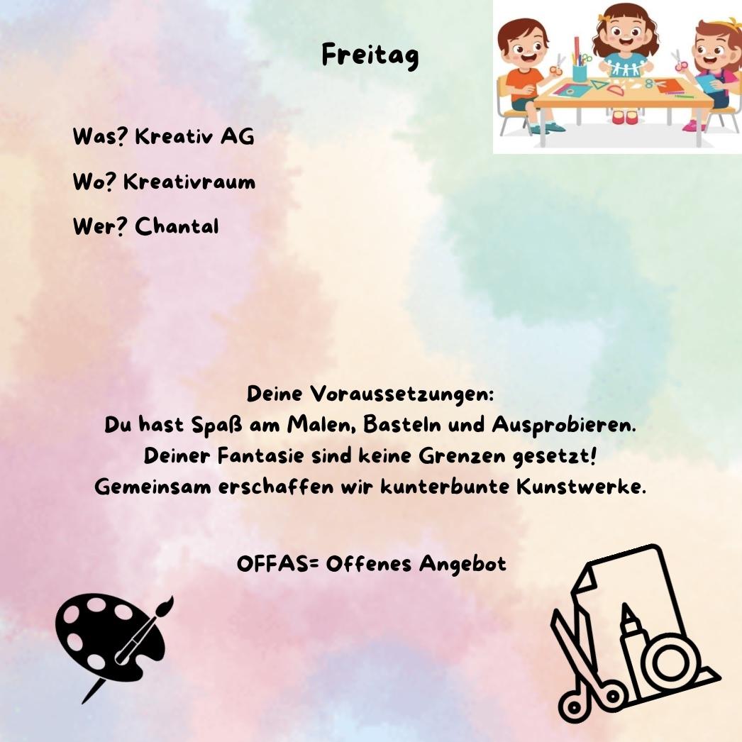 Ank&uuml;ndigung f&uuml;r die Kreativ AG mit Informationen zu Termin, Ort, Leitung und Teilnahmevoraussetzungen auf buntem Hintergrund.