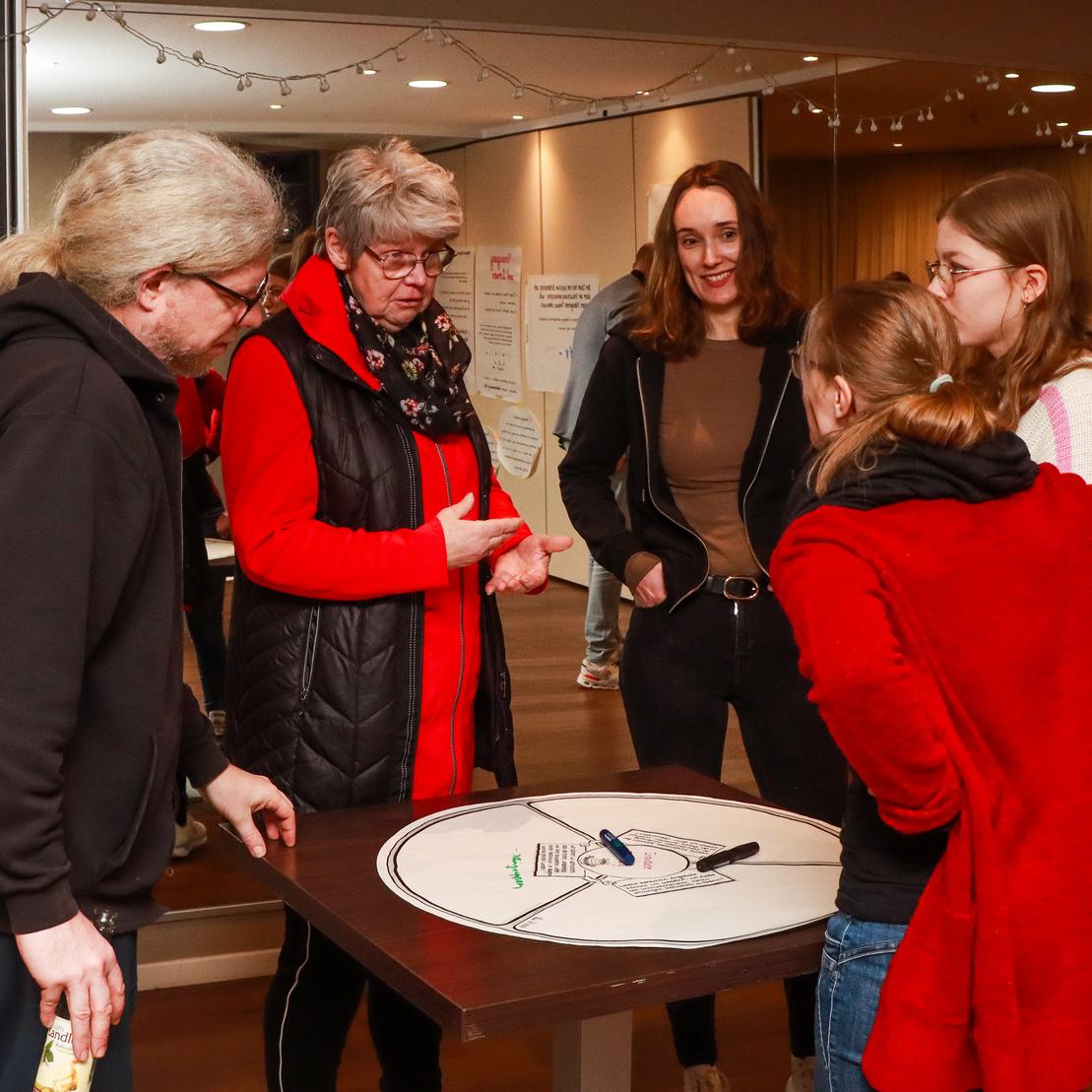 F&uuml;nf Personen stehen um einen Tisch, diskutieren &uuml;ber ein Spiel auf der Tischoberfl&auml;che mit einem gro&szlig;en Spielplan.
