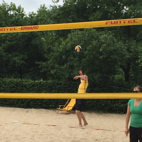 Spieler in gelbem Shirt springt, um einen Volley-Ball &uuml;ber ein Netz auf einem Sandplatz zu schlagen. Im Hintergrund B&auml;ume.