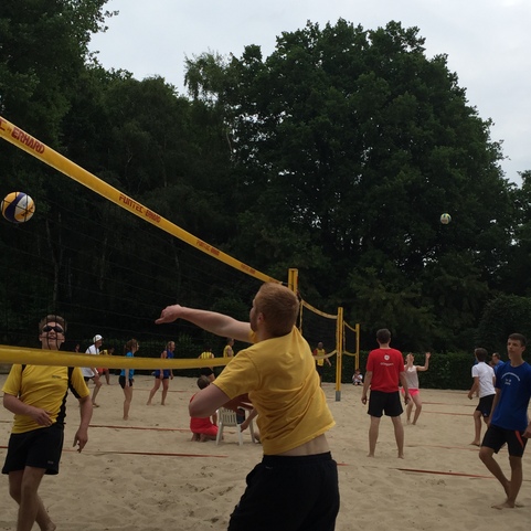 Aktive Volleyballspieler auf einem Sandplatz, ein Spieler f&uuml;hrt einen Aufschlag aus, B&auml;ume im Hintergrund.