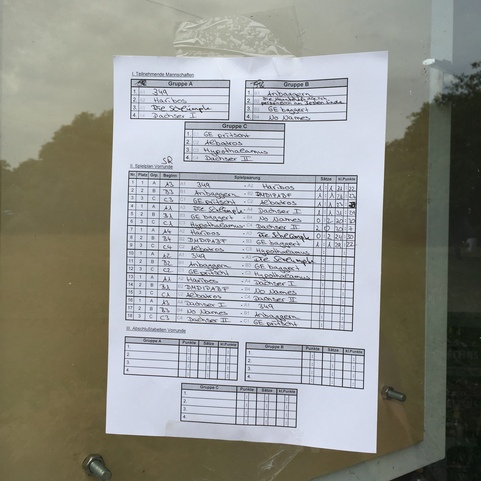 Auf einem Fenster h&auml;ngt ein Spielplan mit Gruppen und Ergebnissen von Tischtennis-Mannschaften in handschriftlicher Notation.
