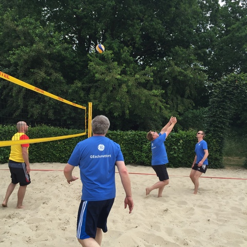 Vier M&auml;nner spielen Beachvolleyball in einem Sandfeld unter B&auml;umen. Ein Ball fliegt &uuml;ber ein Netz.