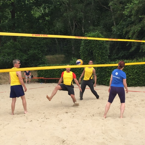 Vier Personen spielen Volleyball im Sand unter einem Netz, umgeben von B&auml;umen und Zuschauern im Hintergrund.