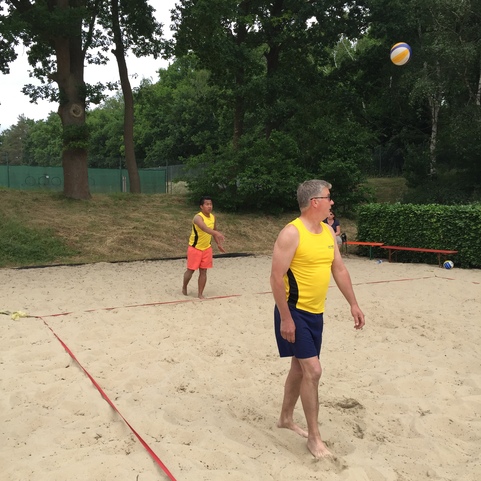 Zwei M&auml;nner in gelben Trikots spielen Beachvolleyball in einem Sandfeld umgeben von B&auml;umen.