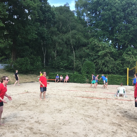 Gruppe von Personen in roten Shirts spielt Beachvolleyball auf einem Sandplatz umgeben von B&auml;umen und Sitzgelegenheiten.