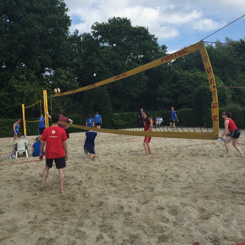 Gruppe von Menschen spielt Beachvolleyball auf einem Sandplatz unter blauem Himmel und B&auml;umen im Hintergrund.