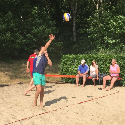 Spieler mit blauem T-Shirt und gr&uuml;nen Shorts schl&auml;gt einen Volleyball &uuml;ber ein Netz, Zuschauer sitzen im Hintergrund.