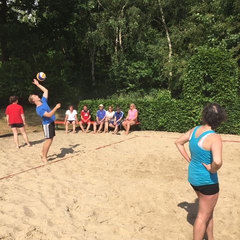Mann mit Volleyball hebt den Ball zum Aufschlag, w&auml;hrend eine Gruppe Zuschauer auf einer Bank sitzt.