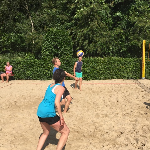 Drei Personen spielen Beachvolleyball auf einem Sandplatz, umgeben von gr&uuml;nen B&uuml;schen und B&auml;umen.
