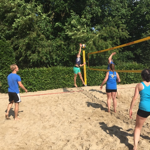 Vier Personen spielen Beachvolleyball auf einem Sandplatz, w&auml;hrend eine Spielerin den Ball &uuml;ber das Netz schl&auml;gt.