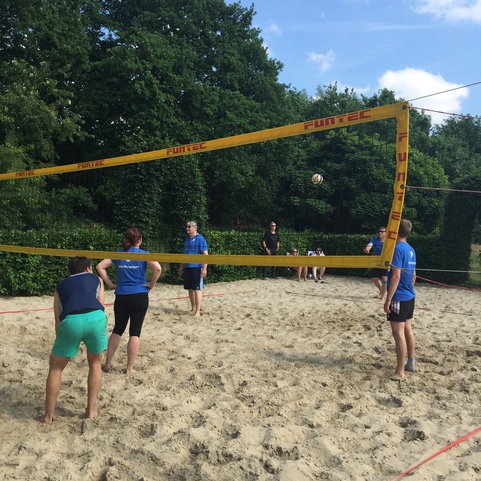 Gruppenspiel im Beachvolleyball auf einem Sandplatz mit umliegenden B&auml;umen und einem Netz in gelber Farbe.