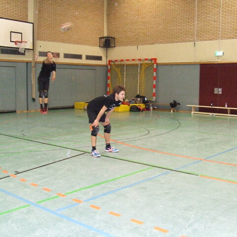 Mehrere Volleyballspieler trainieren in einer Sporthalle. Ein Spieler springt zum Aufschlag, w&auml;hrend andere bereitstehen.
