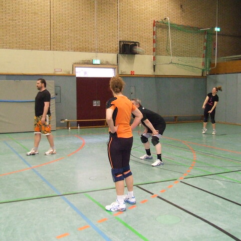 Vier Personen spielen Volleyball in einer Turnhalle mit gr&uuml;nem Boden und Umrandungen in verschiedenen Farben.